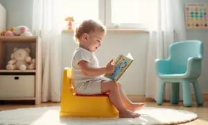 Uśmiechnięte dziecko siedzi na żółtym nocniku, czytając książeczkę. To świetny sposób, jak przekonać dziecko do nocnika – przez zabawę i spokój.