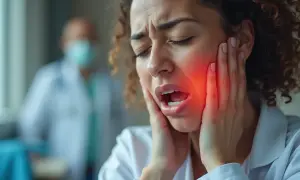 Kobieta z bólem gardła, zastanawia się, ile dni trwa angina. W tle lekarz w maseczce.