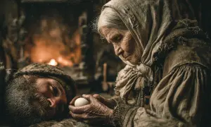 Babcia trzymająca jajko, by zdjąć urok z dziecka. W tle ogień.