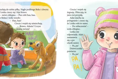 Adaś i Lenka bawią się z pieskiem Reksem. Wujek mówi na dziecko "Adasiu!". Dzieci machają na pożegnanie.