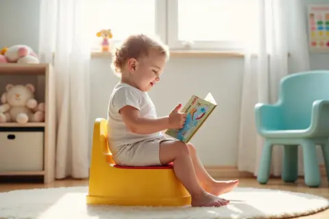 Uśmiechnięte dziecko siedzi na żółtym nocniku, czytając książeczkę. To świetny sposób, jak przekonać dziecko do nocnika – przez zabawę i spokój.