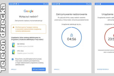 Ekran telefonu dziecka pokazuje, jak zrobić kontrolę rodzicielską. Urządzenie zablokowane na 23:59:34.