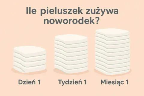 Ile pampersów zużywa noworodek? Trzy stosy pieluszek symbolizują zużycie w Dzień 1, Tydzień 1 i Miesiąc 1.