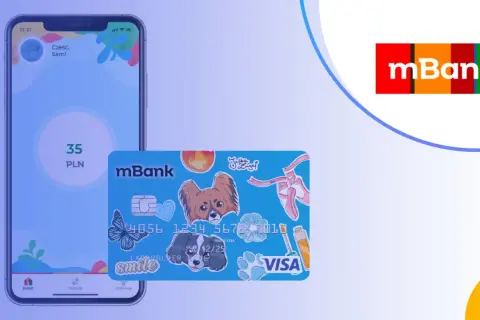 Aplikacja mBank pokazuje 35 PLN. Obok karta z pieskiem i baletkami, idealna do nauki jak przelać pieniadze z konta junior mbank.