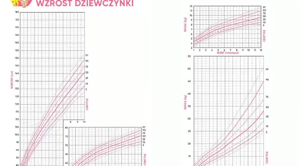 Wykresy centylowe dla dziewczynek pokazują normy wzrostu i wagi. Dwuletnie dziecko powinno ważyć ok. 12 kg.