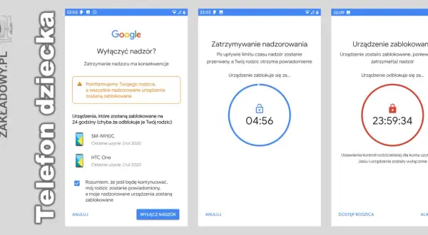 Ekran telefonu dziecka pokazuje, jak zrobić kontrolę rodzicielską. Urządzenie zablokowane na 23:59:34.