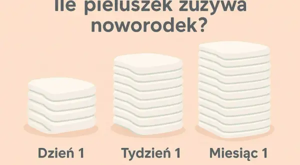 Ile pampersów zużywa noworodek? Trzy stosy pieluszek symbolizują zużycie w Dzień 1, Tydzień 1 i Miesiąc 1.
