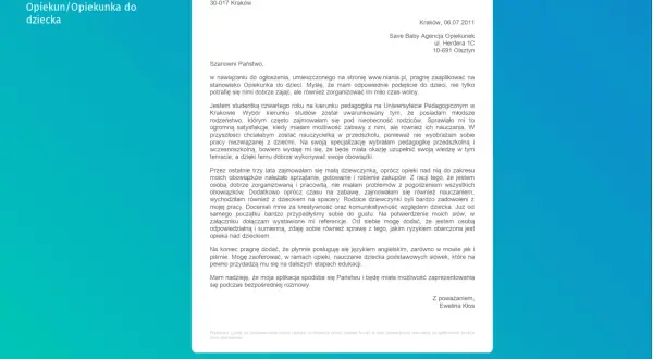List motywacyjny - Opiekun/Opiekunka do dziecka. Jak napisać list motywacyjny do pracy w żłobku? Wzór listu.