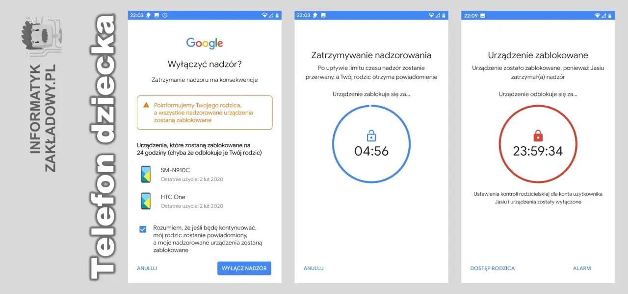 Ekran telefonu dziecka pokazuje, jak zrobić kontrolę rodzicielską. Urządzenie zablokowane na 23:59:34.
