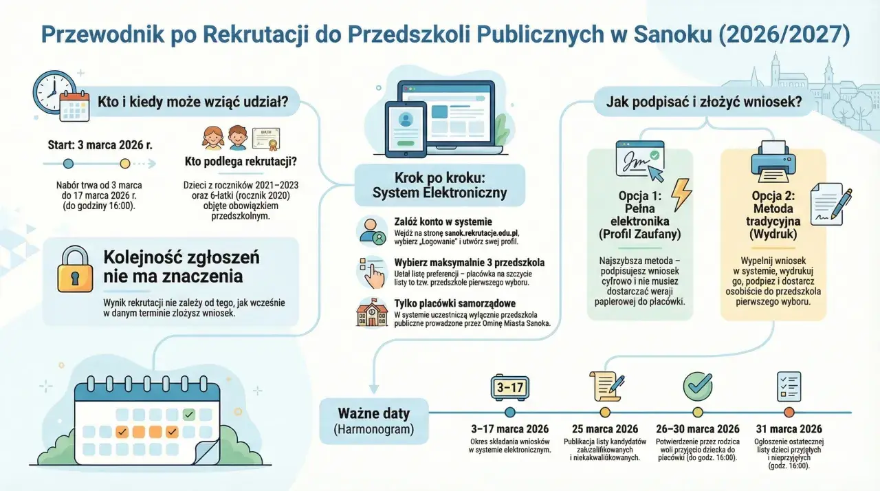 Jak sprawdzić czy dziecko dostało się do przedszkola? Harmonogram rekrutacji 2026/2027 w Sanoku: od 3 do 17 marca składanie wniosków, 25 marca publikacja list, 26-30 marca potwierdzenie, 31 marca ogłoszenie wyników.