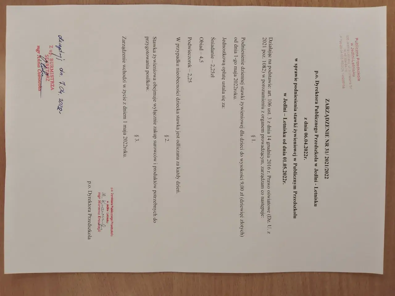 Zarządzenie nr 31/2021/2022 określa, ile kosztuje wyżywienie w przedszkolu publicznym: 9,00 zł dziennie.
