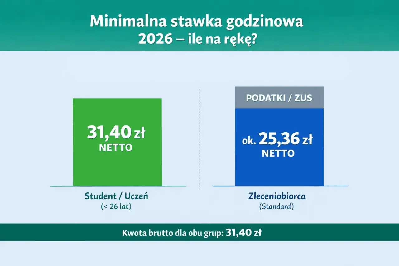 Minimalna stawka godzinowa 2026: Student/Uczeń netto 31,40 zł, zleceniobiorca netto ok. 25,36 zł. Ile za opiekę nad dzieckiem za godzinę?