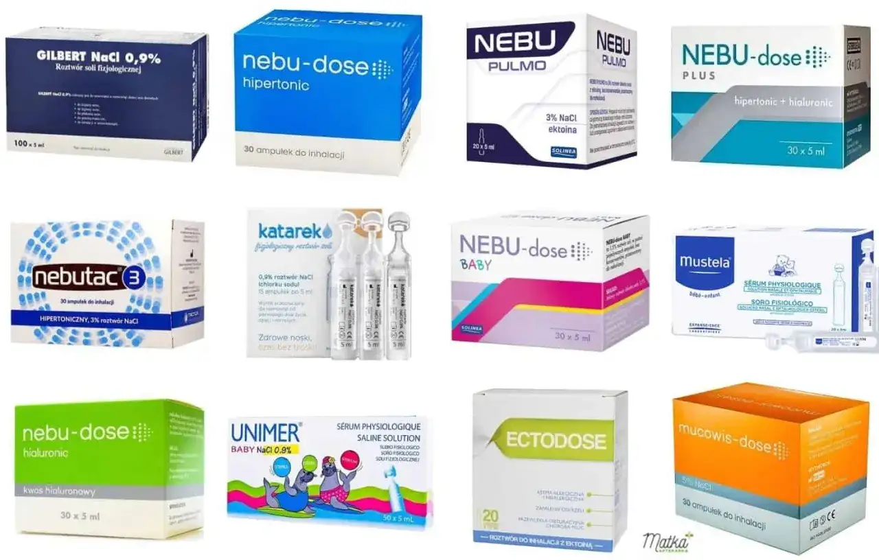 Zestaw produktów do inhalacji na katar dla dziecka: roztwory soli fizjologicznej, hipertoniczne i z kwasem hialuronowym.