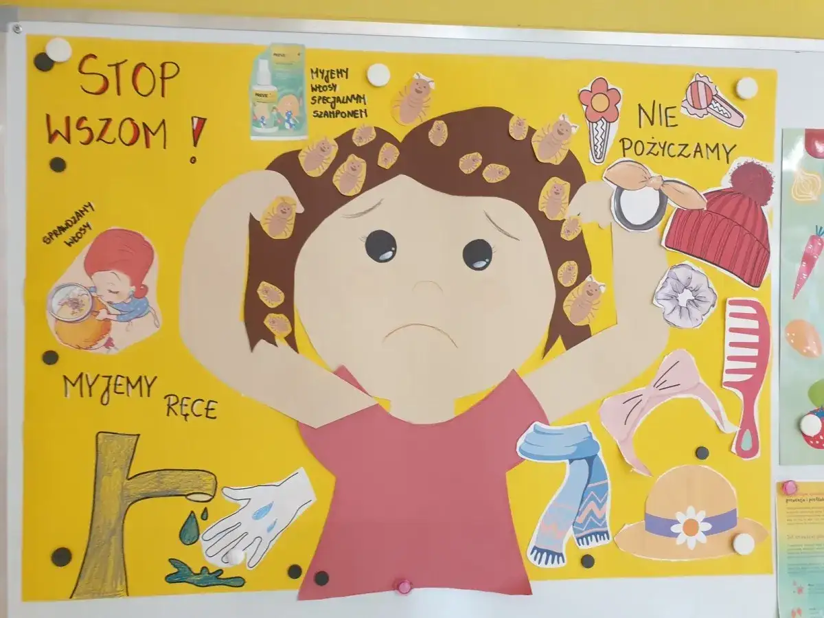 Plakat w przedszkolu: "STOP WSZOM!". Dzieci uczą się o higienie, sprawdzaniu włosów i myciu rąk, by zapobiegać wszawicy.