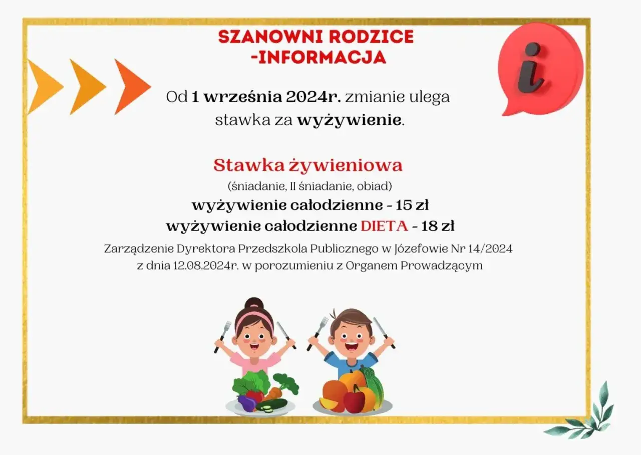 Od 1 września 2024r. zmieni się stawka za wyżywienie w przedszkolu publicznym: całodzienne 15 zł, dieta 18 zł.