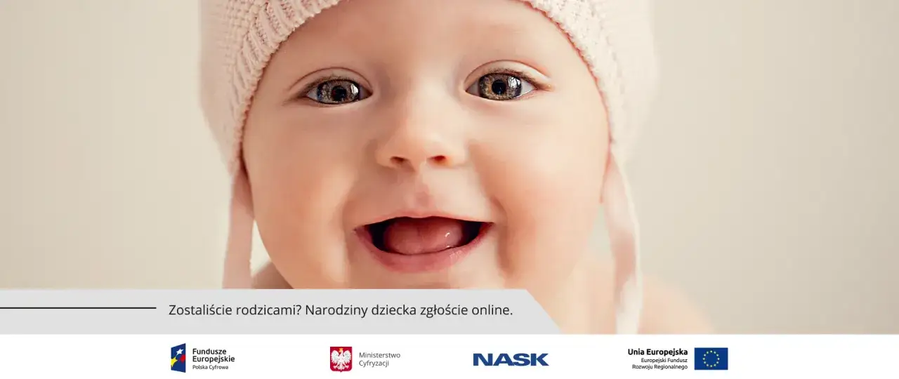 Uśmiechnięte dziecko w różowej czapeczce. Zostaliście rodzicami? Narodziny dziecka zgłoście online. Dowiedz się, jak przemeldować dzieci.