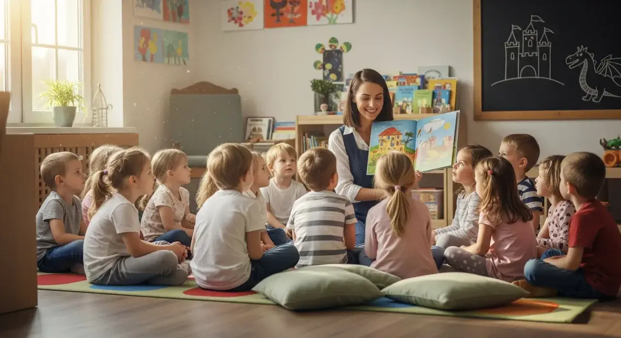Nauczycielka czyta dzieciom bajkę. Zastanawiasz się, ile kosztuje przedszkole w Warszawie?