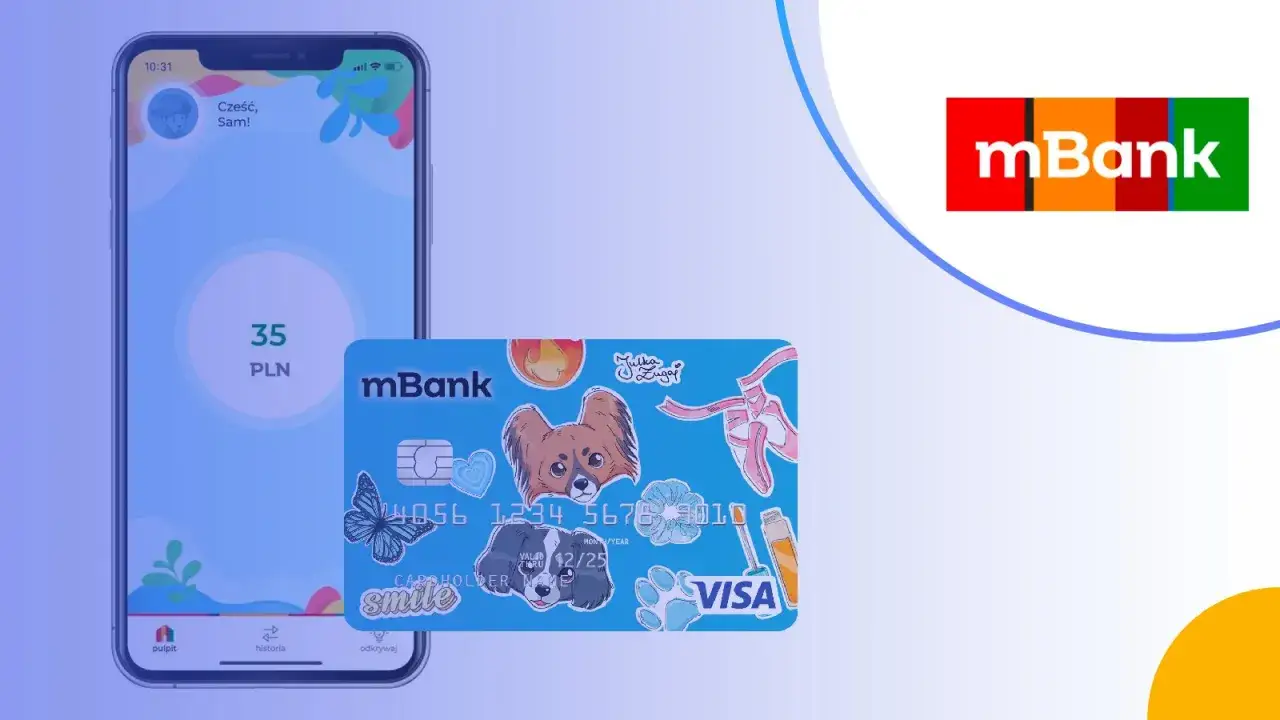 Aplikacja mBank pokazuje 35 PLN. Obok karta z pieskiem i baletkami, idealna do nauki jak przelać pieniadze z konta junior mbank.