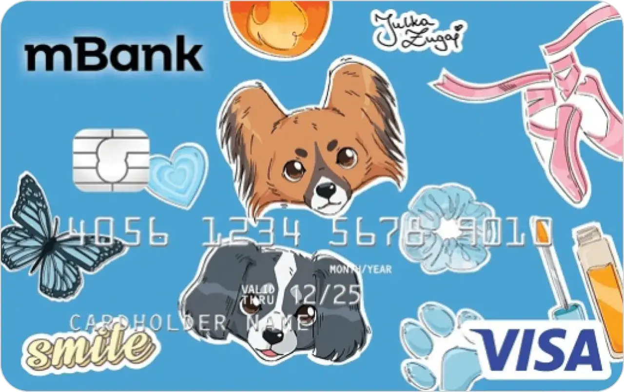 Karta mBank z pieskami i motylami. Dowiedz się, jak przelać pieniądze z konta junior mBank, by kupić nowe gadżety dla pupila.