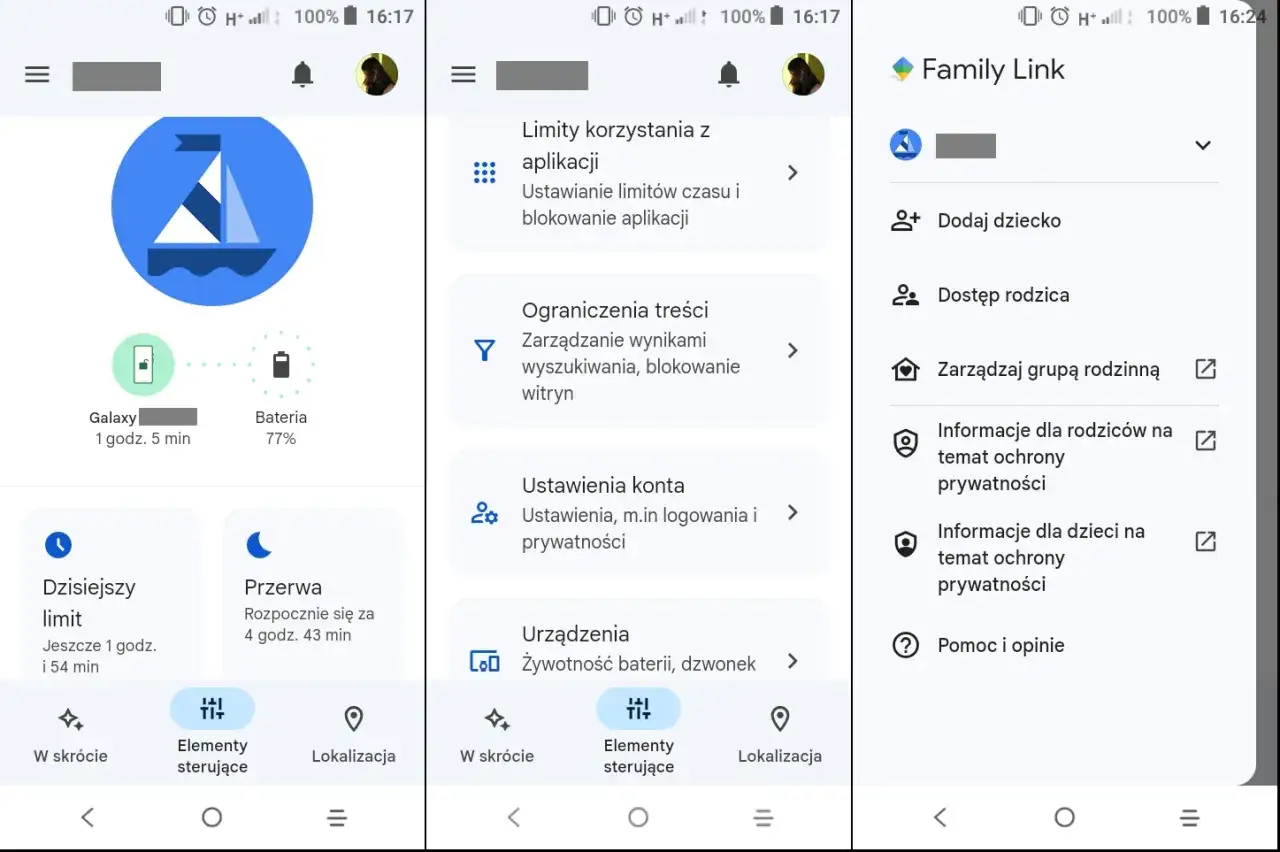 Ekran aplikacji Family Link pokazuje, jak zrobić kontrolę rodzicielską: limity aplikacji, ograniczenia treści, ustawienia konta i zarządzanie grupą rodzinną.
