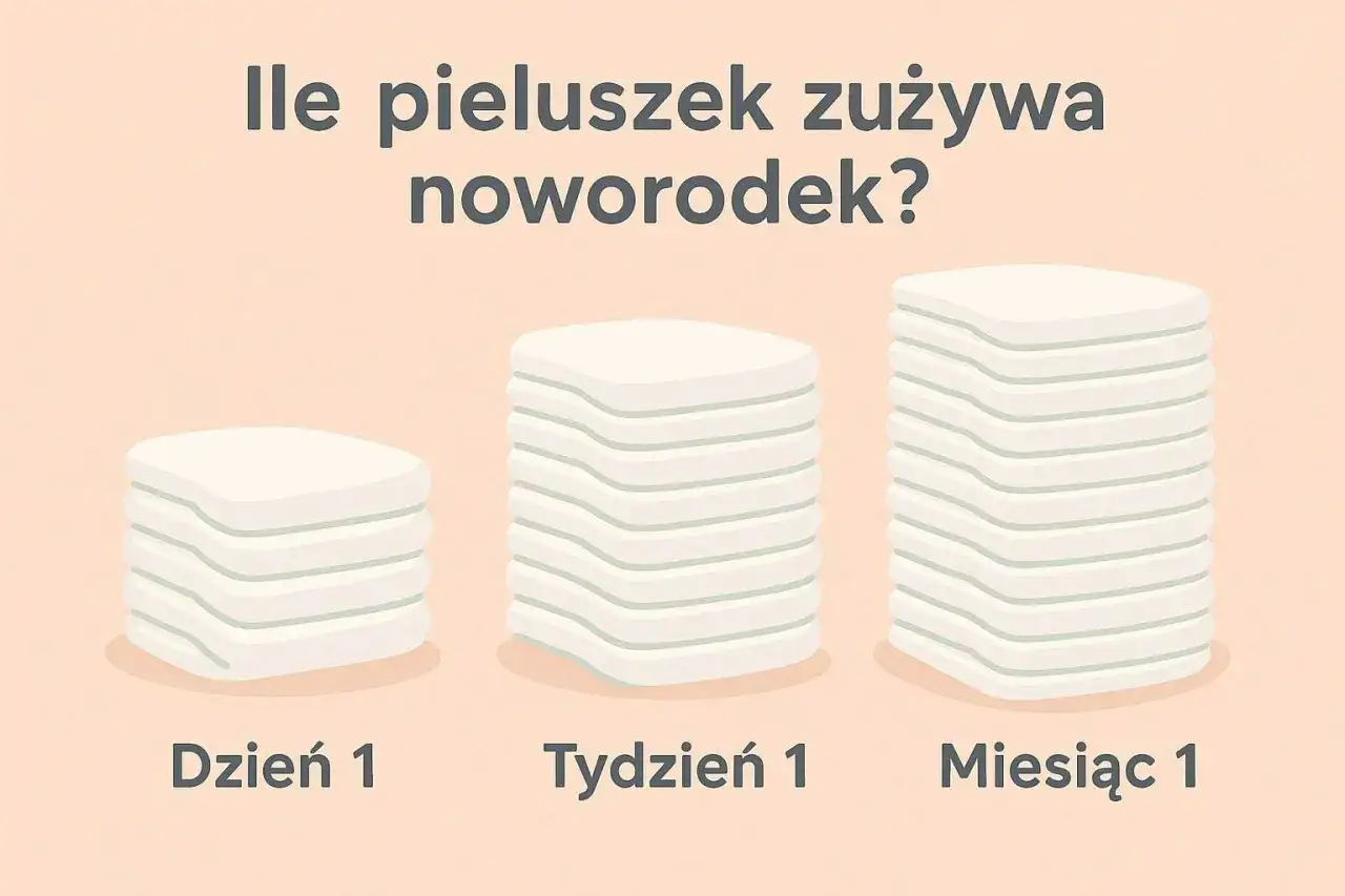 Ile pieluszek powinno moczyć niemowlę? Grafika pokazuje stosy pieluszek: Dzień 1, Tydzień 1, Miesiąc 1.