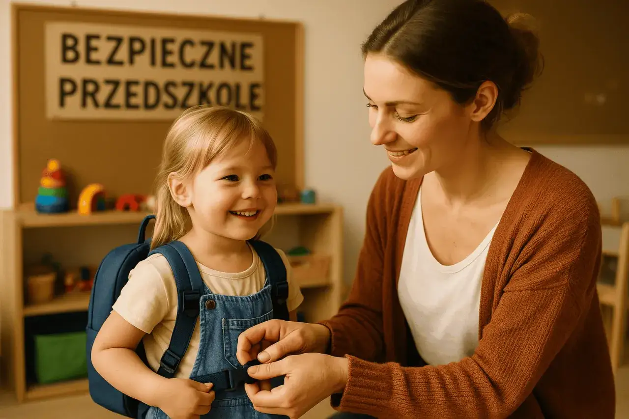 Uśmiechnięta dziewczynka z plecakiem, przygotowująca się do przedszkola. Zastanawiasz się, ile kosztuje pobyt dziecka w przedszkolu?