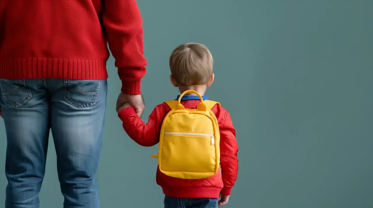 Ojciec trzyma za rękę syna w żółtym plecaku, idących do przedszkola. Czy można wyrzucić dziecko z przedszkola?
