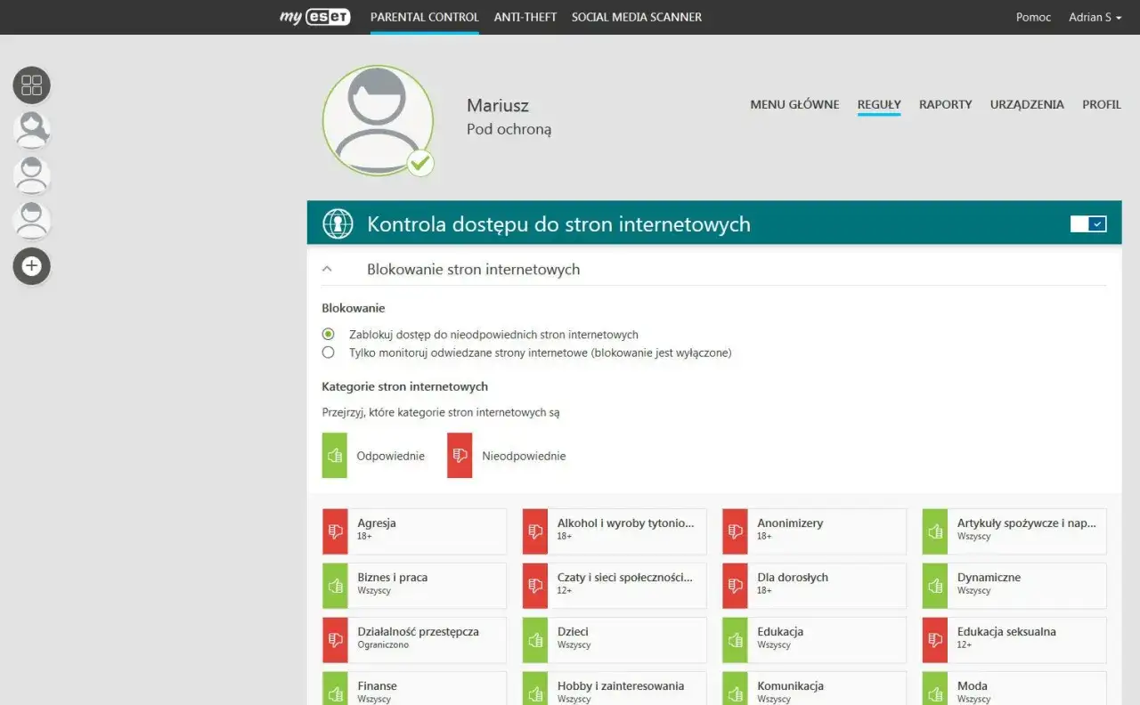 Panel kontroli rodzicielskiej ESET. Ustawienia blokowania stron internetowych, kategorie: Agresja, Alkohol, Anonimizery, Biznes, Czaty, Dla dorosłych, Działalność przestępcza, Dzieci, Edukacja, Komunikacja, Moda, Artykuły spożywcze.