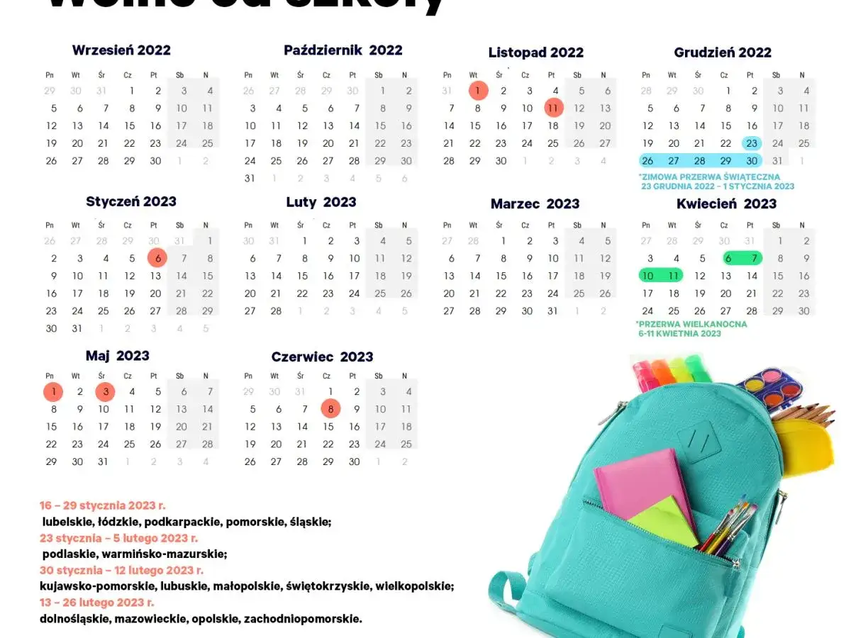 Kalendarz 2023 z zaznaczonymi feriami zimowymi. Czy zerówka ma ferie? Tak, w styczniu i lutym 2023.