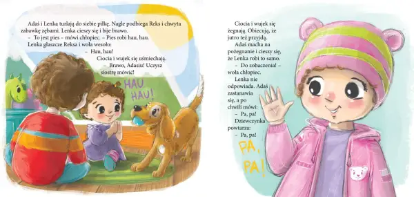 Adaś i Lenka bawią się z pieskiem Reksem. Wujek mówi na dziecko "Adasiu!". Dzieci machają na pożegnanie.