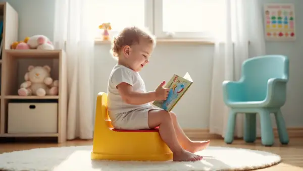 Uśmiechnięte dziecko siedzi na żółtym nocniku, czytając książeczkę. To świetny sposób, jak przekonać dziecko do nocnika – przez zabawę i spokój.