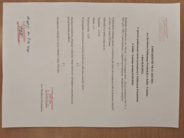 Zarządzenie nr 31/2021/2022 określa, ile kosztuje wyżywienie w przedszkolu publicznym: 9,00 zł dziennie.