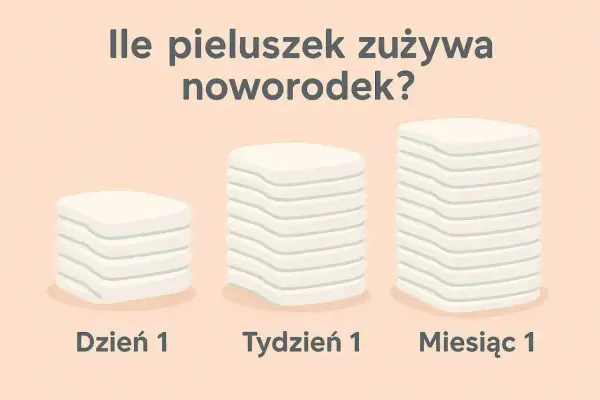 Ile pampersów zużywa noworodek? Trzy stosy pieluszek symbolizują zużycie w Dzień 1, Tydzień 1 i Miesiąc 1.