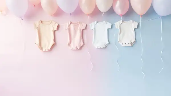 Urocze body dla niemowlaka wiszące na wstążkach pod balonami. Idealne, by pomyśleć, co napisać z okazji narodzin dziecka.