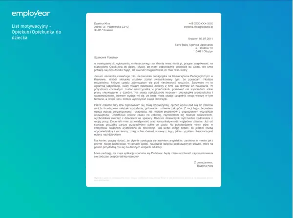 List motywacyjny - Opiekun/Opiekunka do dziecka. Jak napisać list motywacyjny do pracy w żłobku? Wzór listu.