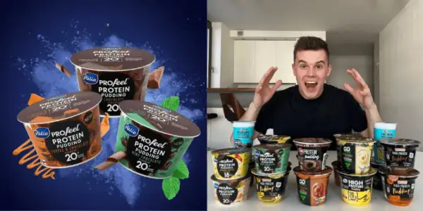 Mężczyzna z otwartymi ustami i rękami w górze, otoczony przez wiele kubków puddingu proteinowego.